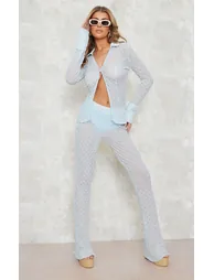 Pale Blue Mesh Textured High Waisted Knicker Flare Trousers