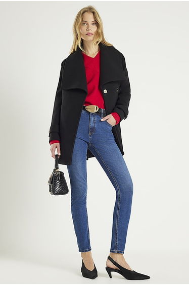 Black Short Wide Collar Wrap Coat