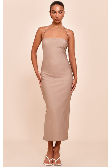 Mocha Woven Tailored Halter Neck Midaxi Dress