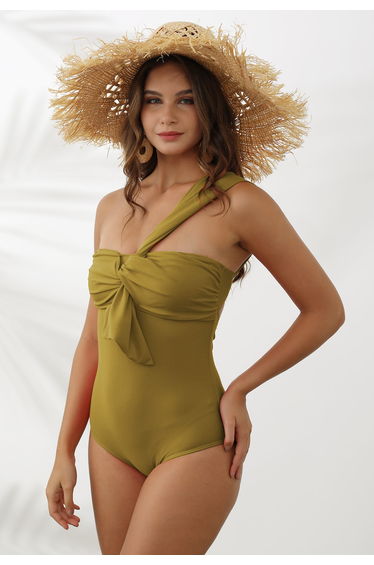 Sweet Knot One-Shoulder One-Piece Swimsuit in Moss Green