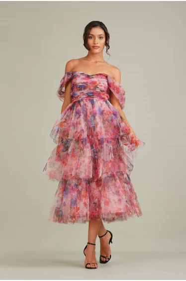 Sydney Tulle Midi Dress in Mixed Floral