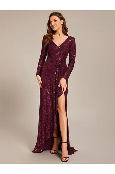 pretty SYREN|Plus Size Sequin V-Neck Long Sleeve High Slit Bodycon Evening Dress