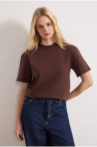Dark Brown 100% Cotton Basic Regular/Normal Fit Mock Neck Knitted T-Shirt