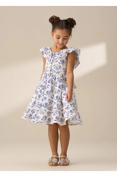 Lina Blue Frill Neck Print Dress