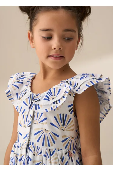 Lina Blue Frill Neck Print Dress