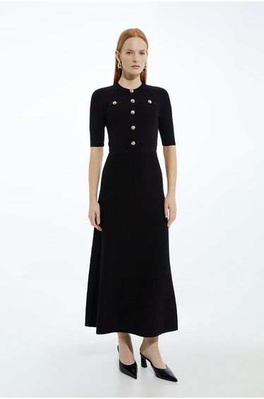 Rib Knit Military Trim Midaxi Dress