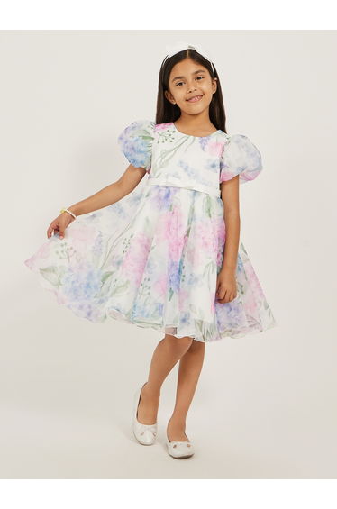 Printed Organza Puff Sleeve Dress