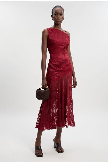 Petite Devoure One Shoulder Woven Dress With Trim Detail