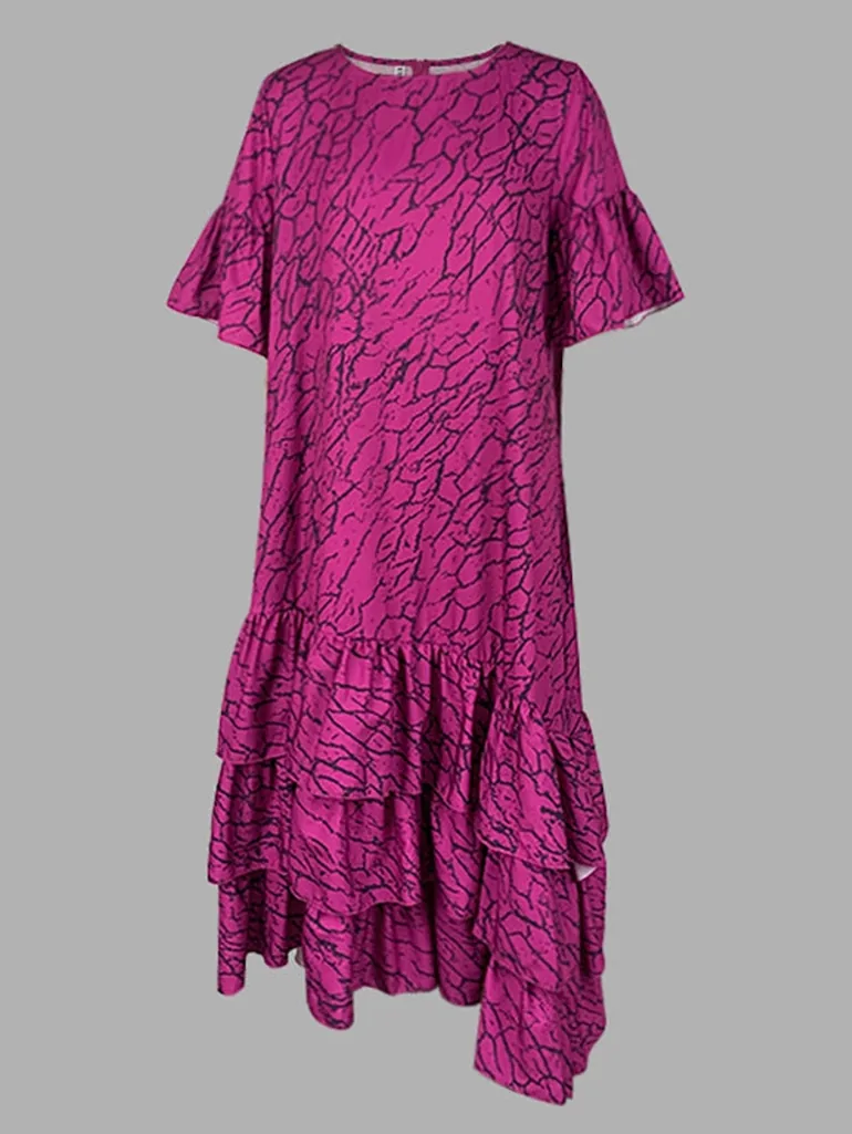 Flared Sleeves Half Sleeves Asymmetric Layered Pleated Printed Ruffle Trim Round-Neck Maxi Dresses - 2