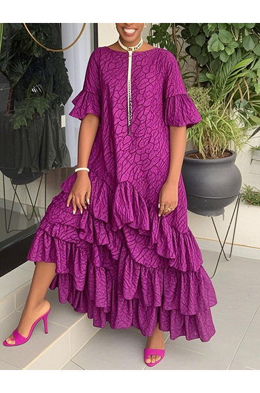 Flared Sleeves Half Sleeves Asymmetric Layered Pleated Printed Ruffle Trim Round-Neck Maxi Dresses
