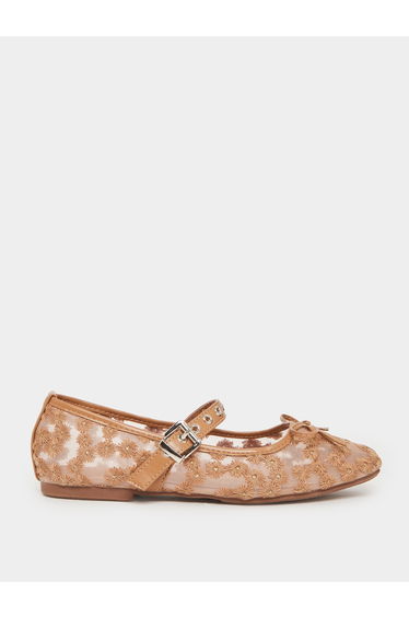 Beige Floral Embroidered Ballerina