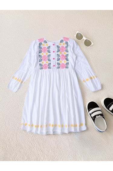 Embroidered 3/4 Sleeves Cotton Dress with Button Front
