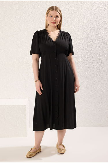 Black Short Sleeve Lace Collar Buttoned Midaxi Woven Plus Size Dress