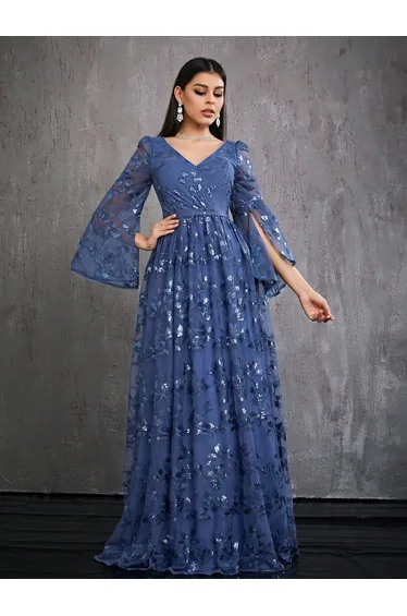 Leely Women's Elegant V Neck Split Sleeve Prom Dress