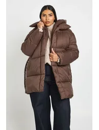 Plus Hooded Belted Puffer Jacket - chocolate