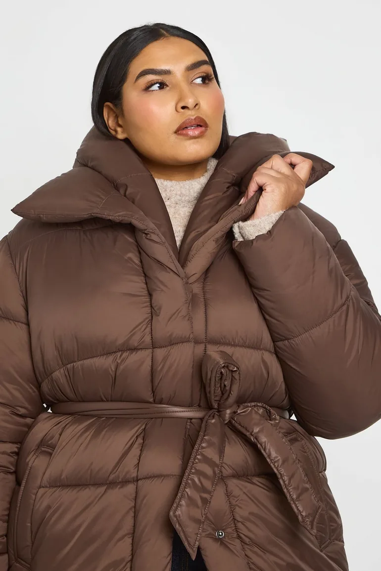 Plus Hooded Belted Puffer Jacket - chocolate - 3