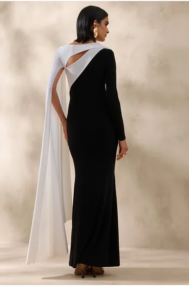 Dabria | Black And White Asymmetric-Neck Maxi Dress With Cape-Sleeve