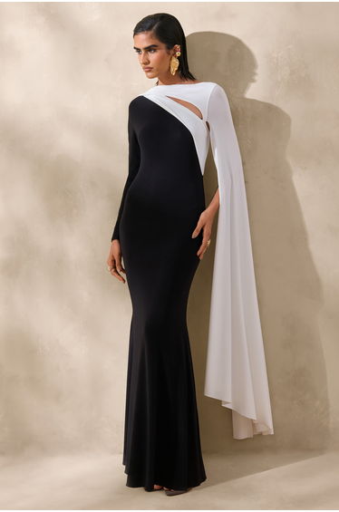 Dabria | Black And White Asymmetric-Neck Maxi Dress With Cape-Sleeve