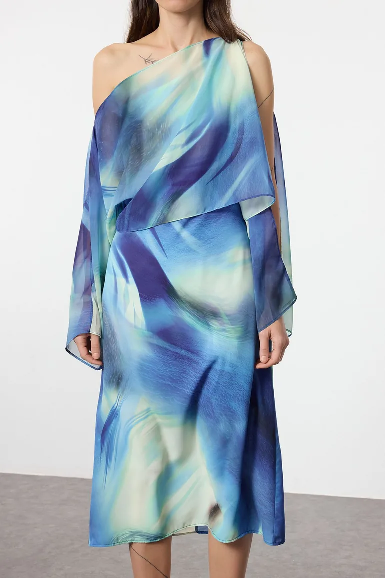 Blue Abstract Print Straight Cutout  Detail Maxi Woven Dress - 2