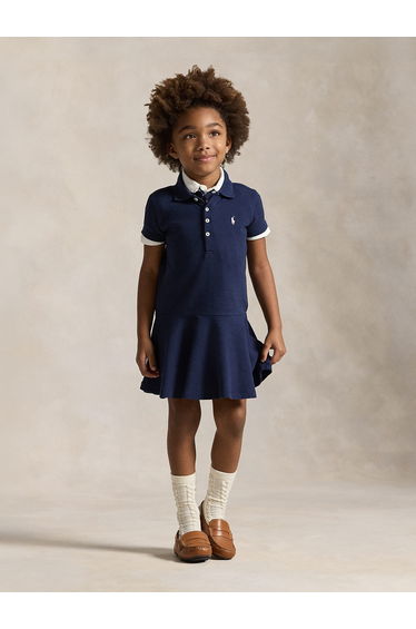 Ralph Lauren Girls Cotton Logo Polo Dress in Navy