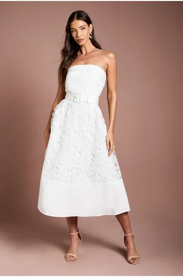 Bandeau Belted Lace Midi Dress