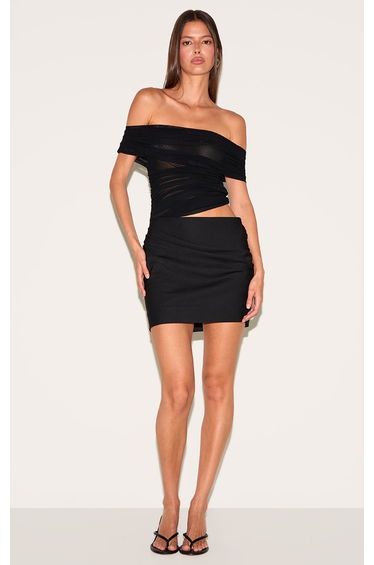 Black Satin Mesh Detail Bardot Mini Dress