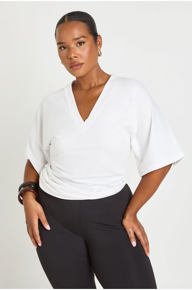 Plus V Neck Cinched Waist Top - white