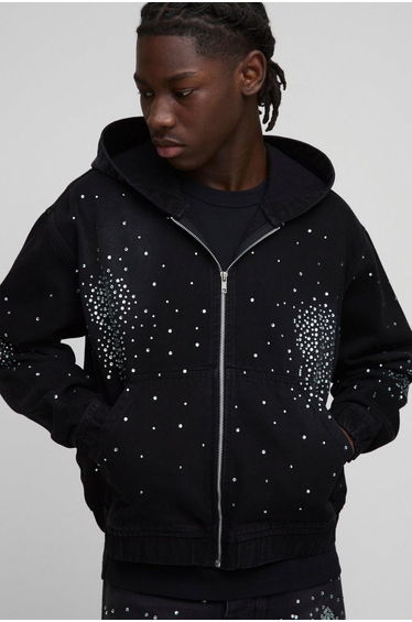 Boxy Rhinestone Washed Black Denim Hoodie - washed black