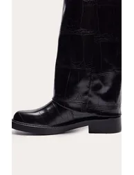 Black Croc Fold Over Knee High Boot - 4