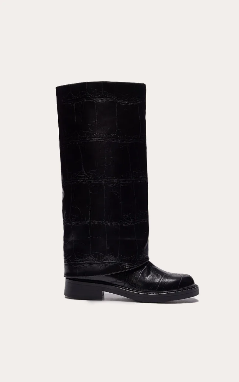 Black Croc Fold Over Knee High Boot - 1