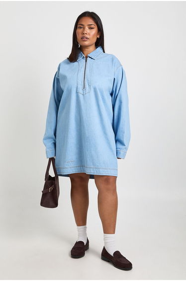 Plus Denim Zip Up Shift Dress - bleach wash