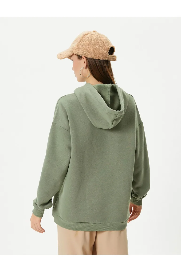 Hooded Sweatshirt with Embroidery Detail Raised Comfortable Fit Long Sleeve - 4