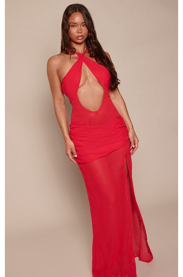 Red Woven Cut Out Maxi Dress