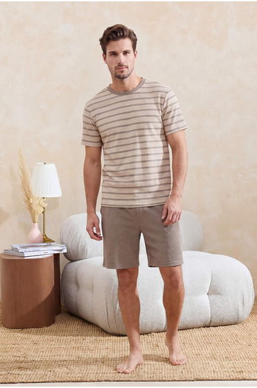 Brown-Ecru Regular Cut Striped Textured Pajama Set
