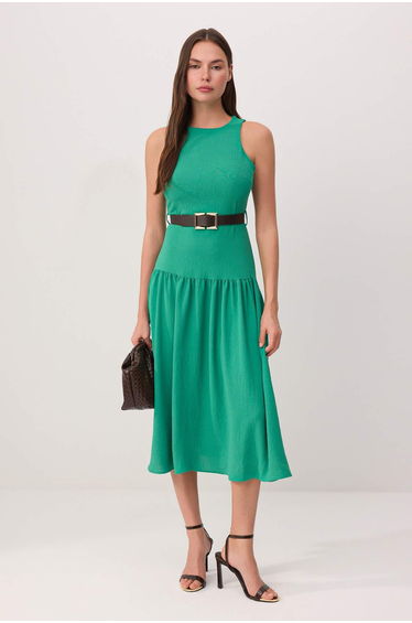 Green Belt Pack Sleeveless Maxi Woven Dress