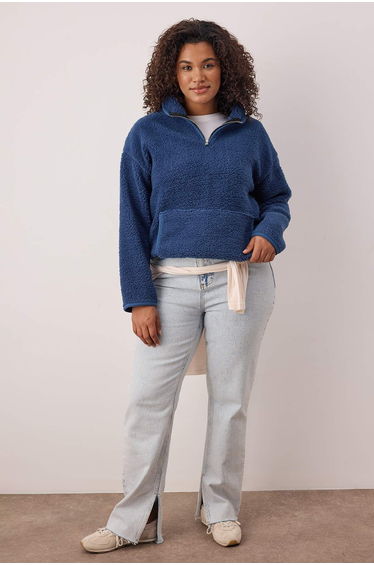 Indigo piping detailed high neck plush soft plus size sweatshirt
