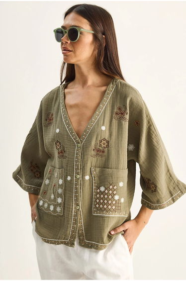 LUCCI Embroidered Cotton Crepe V-Neck Shirt