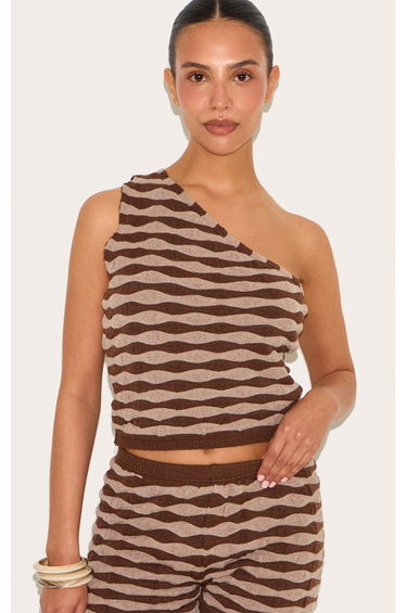Petite Chocolate Knitted One Shoulder Striped Long Fitted Top