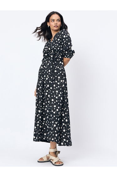 Black Spot Print Wrap Maxi Dress