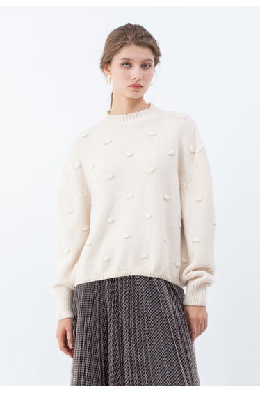 3D Dot High Neck Knit Sweater in Cream