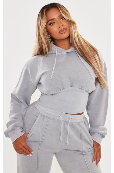 Shape Light Grey Sweat Cropped Shirred Waist Hoodie