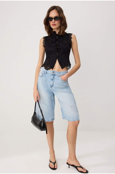 Light Blue Tencel Blended High Waist Denim Bermuda