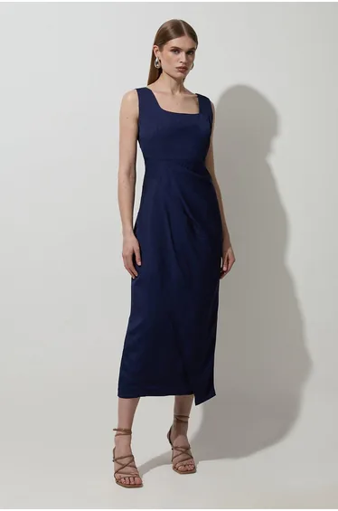 Tailored Viscose Linen Strappy Pleat Detail Midaxi Dress