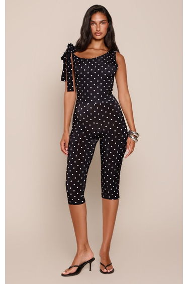 Black Slinky Polka Dot Asymmetric Capri Jumpsuit