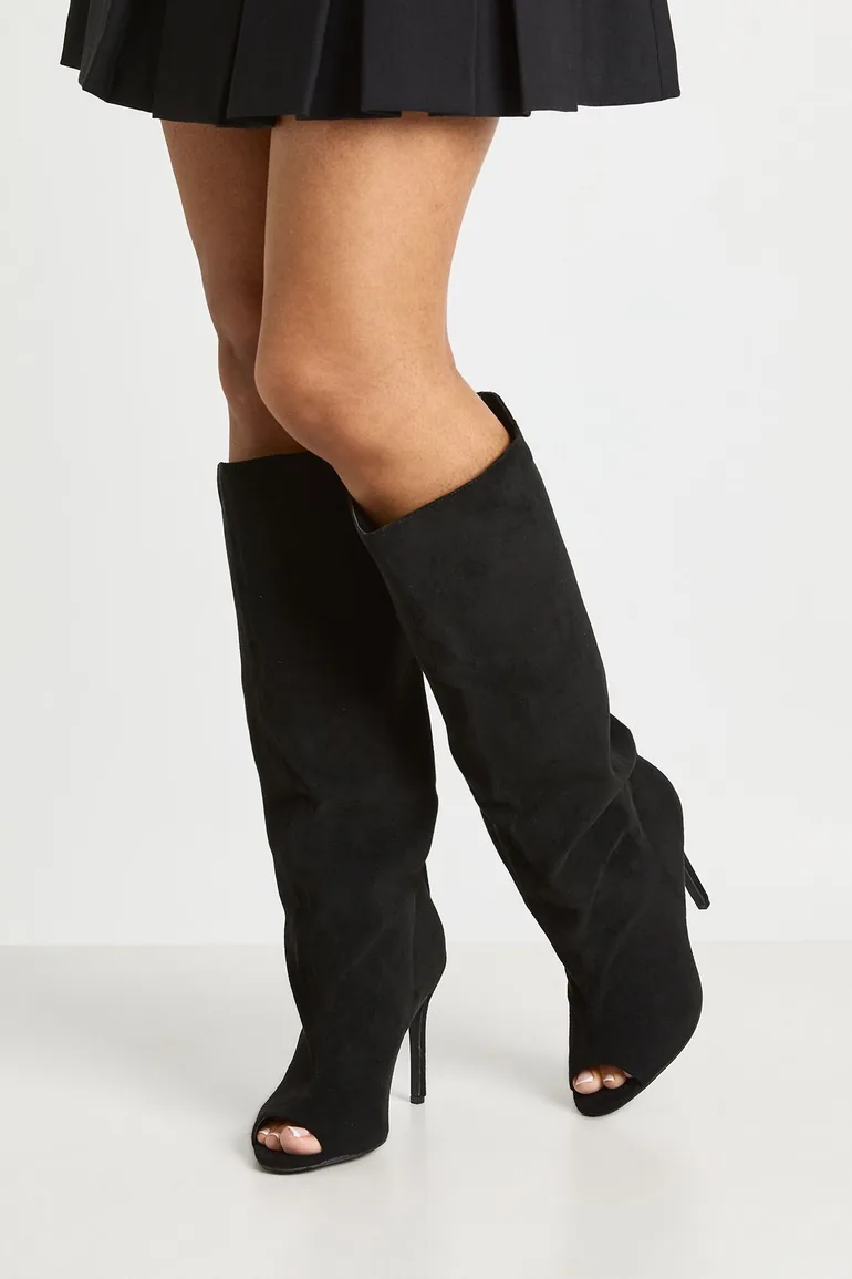 Faux Suede Slouchy Peep Toe Knee High Stiletto Boots - black - 1
