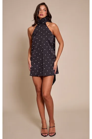 Black Satin Poka Dot Scarf Mini Dress