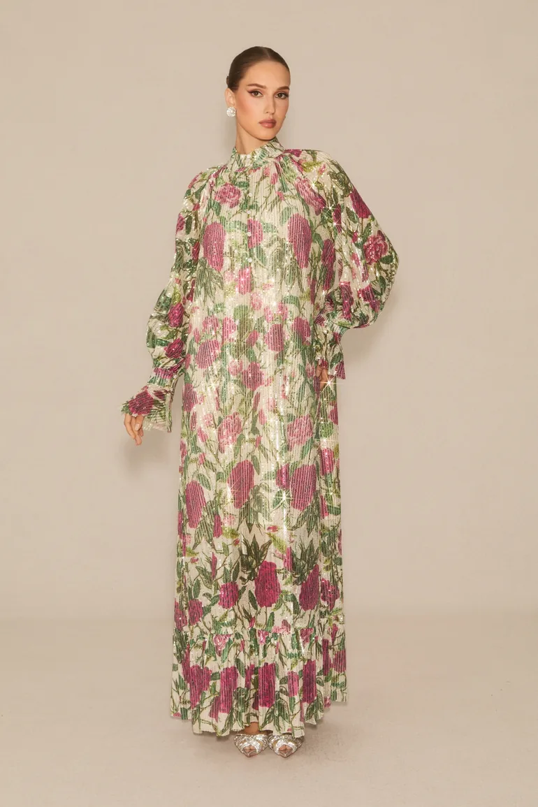 Mina Floral Print Sequin Embellished Maxi Dress - 3