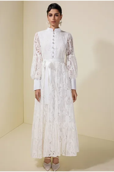 Lace Puff Sleeve Maxi Dress With Belt