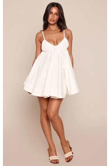 Petite Cream Ruched Triangle Bust Flowy Linen Mini Dress