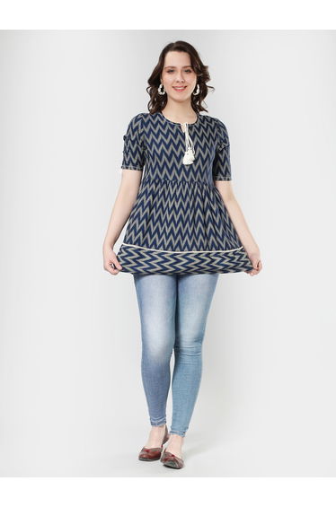 Blue Ikat Print Short Sleeve Peplum Top